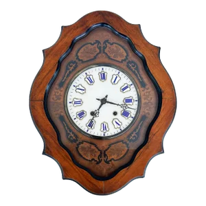 Late 19th Century French Napoleon III Wall Clock, Enamel Face and Wood Marquetry