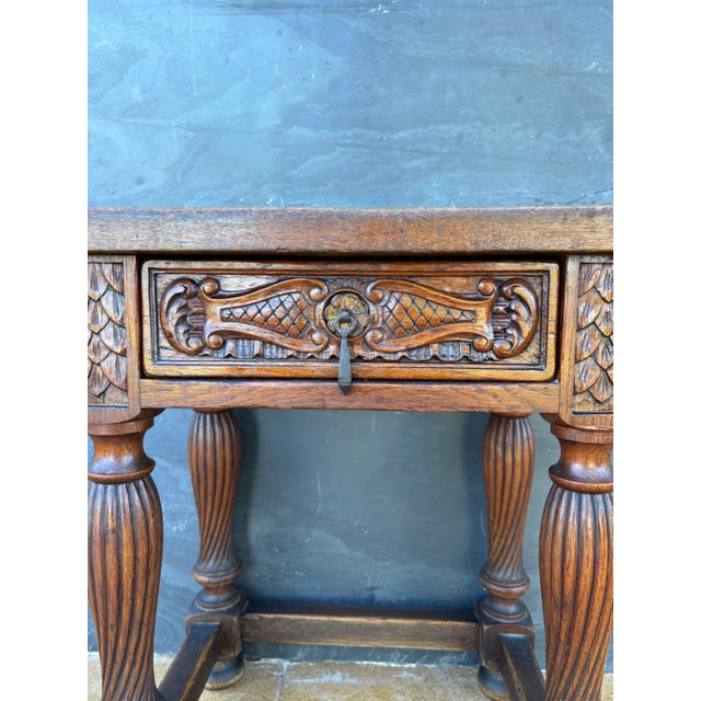 1920s Spanish Renaissance Revival Oak Side Table with Drawer, Early 20th Century For Sale - Image 5 of 8