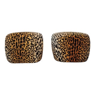 Karl Springer Style Leopard Velvet Poof Ottomans - a Pair For Sale