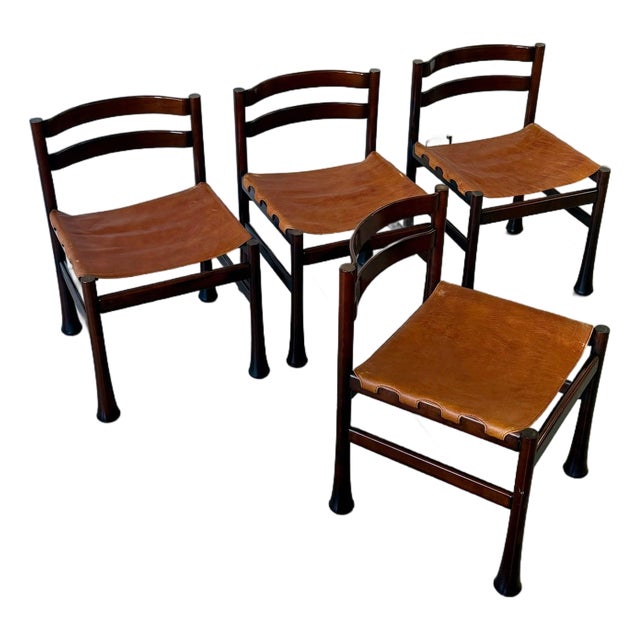 1970s Set of 4 Luciano Frigerio Euro Jacaranda Dining Chairs in Tan Leather For Sale