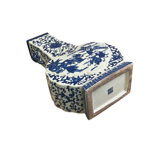 Blue Oriental Blue White Heart Shape Flat Floral Elephant Ring Porcelain Vase For Sale - Image 8 of 12