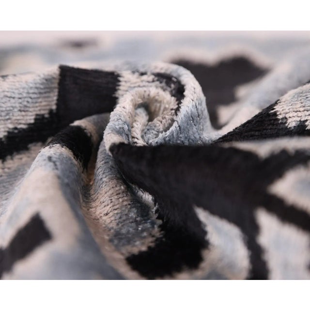 Light Blue Black Silk Velvet Pillow – 20x20 Handmade Ikat Throw Cushion For Sale - Image 4 of 8