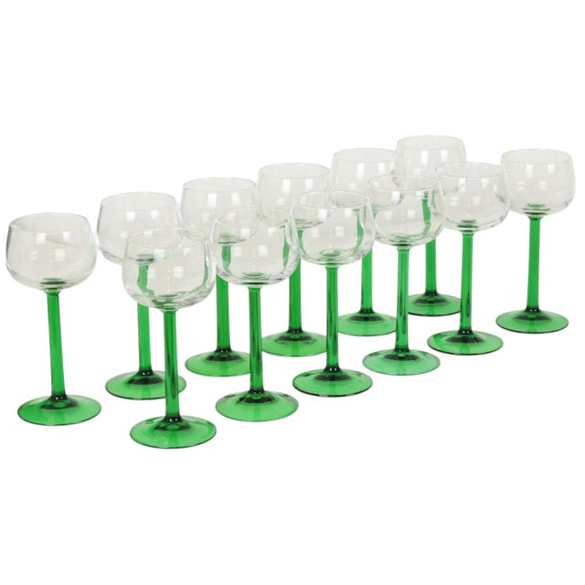 Glass Vintage Alsace Wine Glasses with Green Stems from Luminarc, 1970s, Set of 12 For Sale - Image 7 of 16