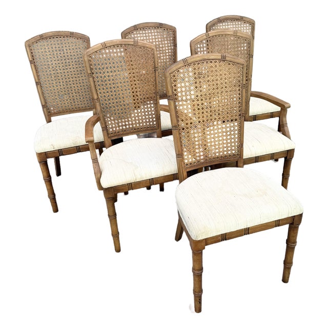 Vintage Boho Chic Faux Bamboo Cane Back Dining Chairs by Chaircraft - Set of 6 For Sale