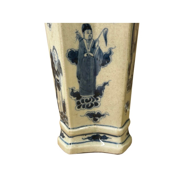 Vintage Rhombus Shape Blue White Eight Immortal Graphic Porcelain Vase For Sale - Image 16 of 18