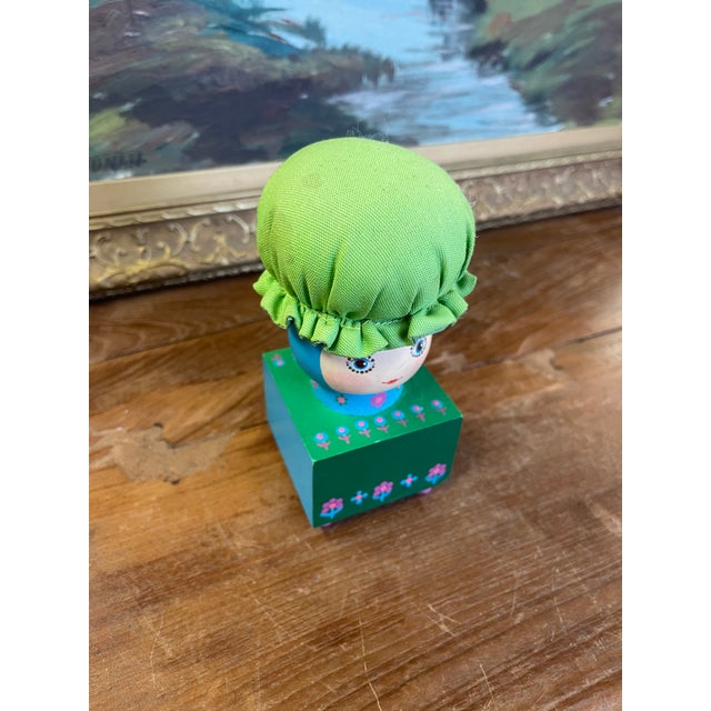 Folk Art Vintage Hand-Painted Folk Art Doll Figurine on Wooden Block Base With Fabric Bonnet, Signed Mary Maki Rae For Sale - Image 3 of 10