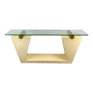 Vintage Modern Parchment-Style Console Table With Glass Top and Brass Accents For Sale