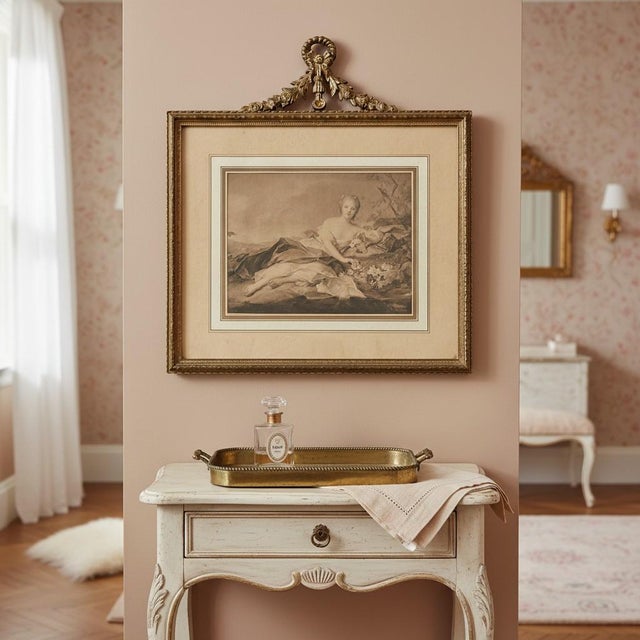 Circa 1930s antique framed reproduction after Jean-Marc Nattier's 1742 portrait Madame Henriette as Flora. The print is...