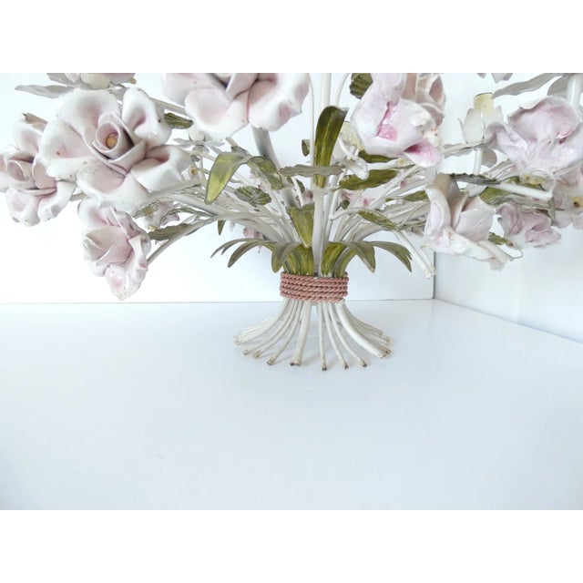 Green French Vintage Tole Porcelain Rose Chandelier For Sale - Image 8 of 9