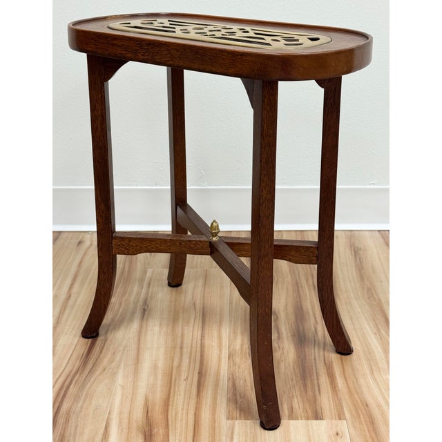 Brown Vintage Wood With Brass Insert Side Table Candle Stand Kettle Table For Sale - Image 8 of 10