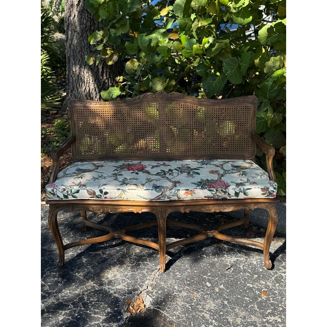 Century Furniture 1940s Century Furniture French Provincial Cane-Back Bench With Carved Wood Frame and Floral Upholstered Seat For Sale - Image 4 of 10
