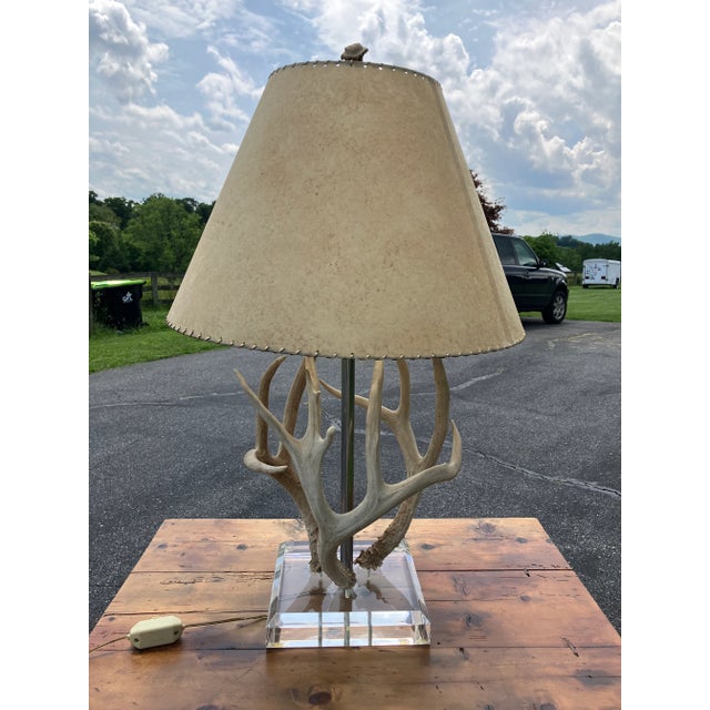 Mid-Century Modern Mid-Century Antler Table Lamp With Hand-Woven Hide Shade + Acrylic Base For Sale - Image 3 of 10