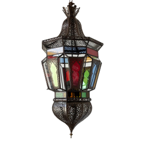 Moroccan Moorish Large Hanging Light Fixture Colored Glass Lantern
