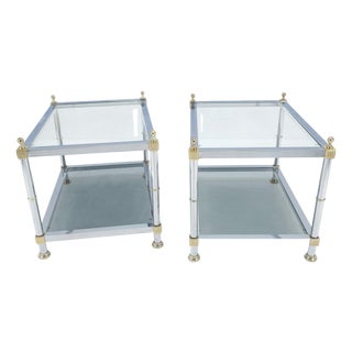 Pair of Rectangle Chrome & Brass Smoked Glass Two Tier End Side Tables MINT! For Sale