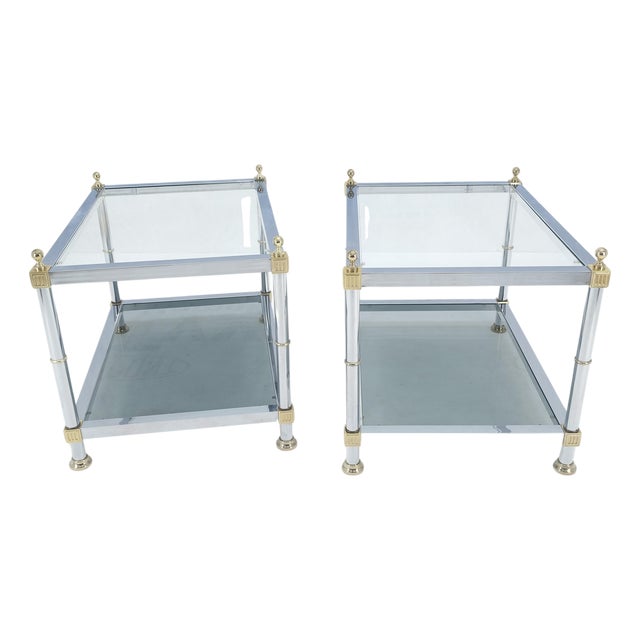 Pair of Rectangle Chrome & Brass Smoked Glass Two Tier End Side Tables MINT! For Sale