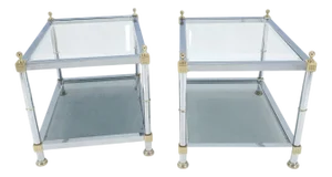 Pair of Rectangle Chrome & Brass Smoked Glass Two Tier End Side Tables MINT!