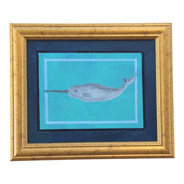 Whale Nautical Folk Art Minimalism Blue Gray Original Oil Painting by Cleo Plowden For Sale