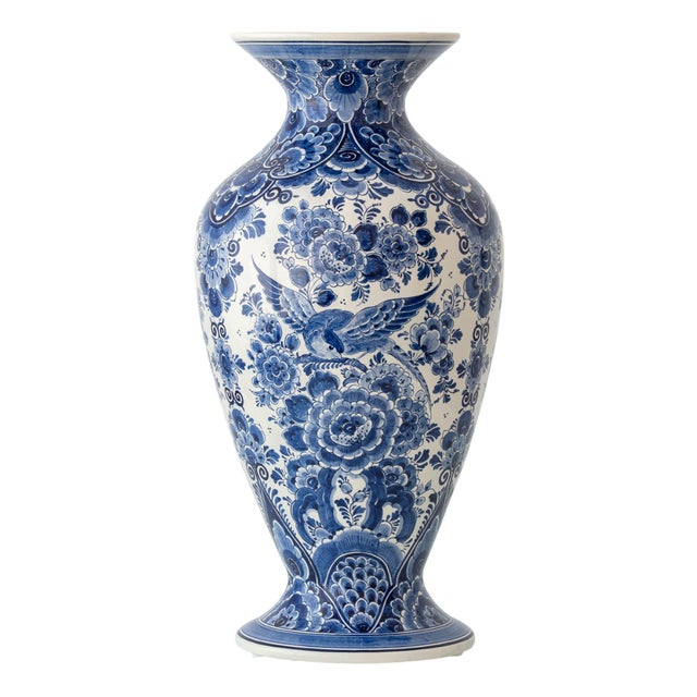 Monumental Hand-Painted Delft Blue and White Earthenware Vase by Velsen, 1950s For Sale