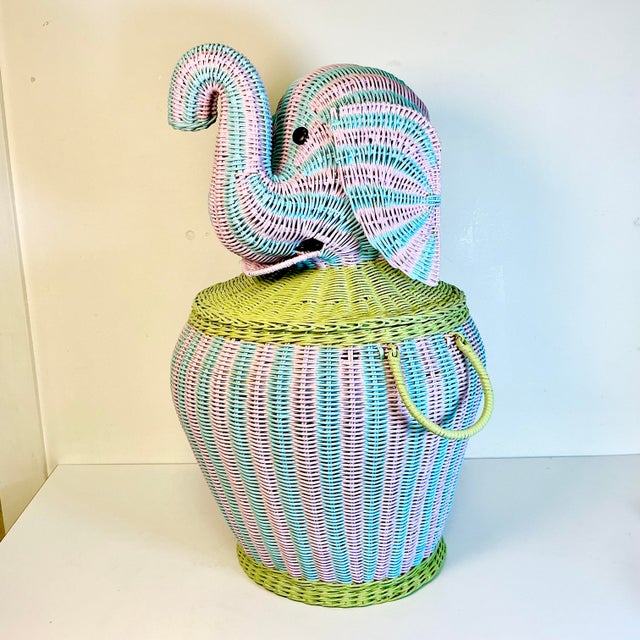 1997 Vintage Boho Chic Coastal Cabana Striped Wicker Elephant Basket Hamper, Signed Jen Lee For Sale - Image 13 of 17