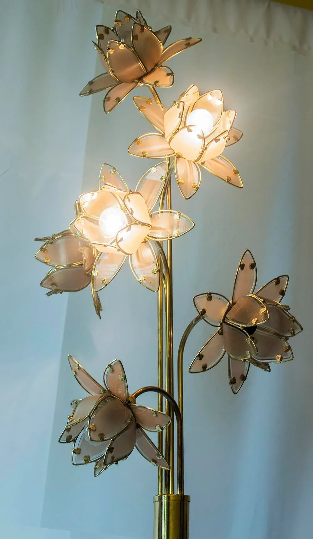 Vintage Hollywood Regency Brass Floor Lamp with Lotus Flower