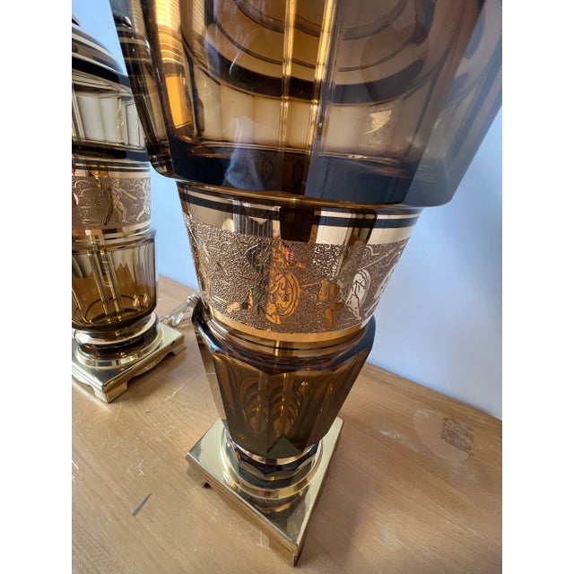 Amber A Pair of Mid 20th Century Art Deco Amber Bohemian Glass Lamps For Sale - Image 8 of 11