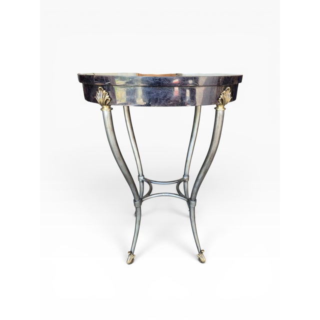 Hollywood Regency Ethan Allen Silver Leaf & Gilt Accent Table With Geometric Stone Veneer Top For Sale - Image 3 of 12