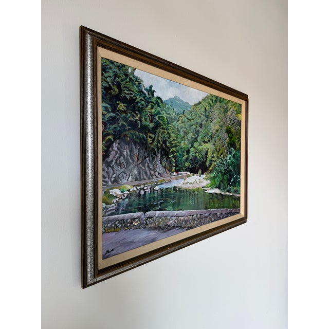 Mid-Century Modern 1970s Vintage Tropical River Landscape Oil on Canvas Painting, Framed For Sale - Image 3 of 12