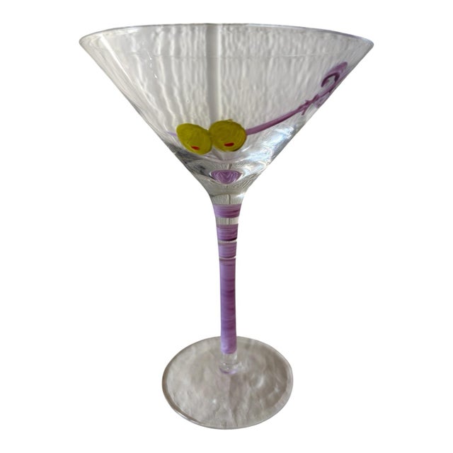Contemporary Late 20th Century Hand Painted Martini Glasses with Olive & Fleur De Lis Design, Blue and Purple Stems - Set of 2 For Sale - Image 3 of 9