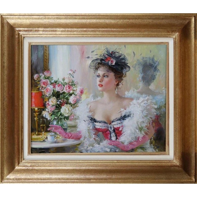 A refined oil on canvas by Russian artist Konstantin Razumov, dating to circa 2019 and depicting an elegantly dressed lady...