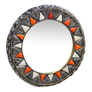 Handcrafted Moroccan Round Bone Inlay Wall Mirror For Sale