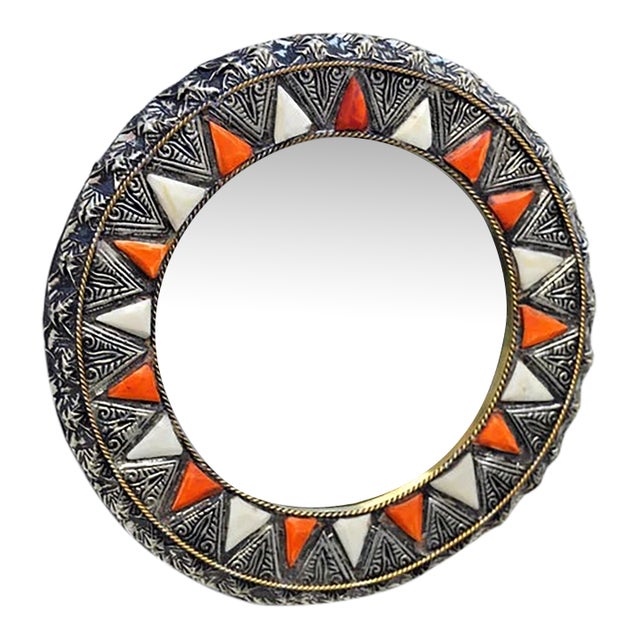 Handcrafted Moroccan Round Bone Inlay Wall Mirror For Sale