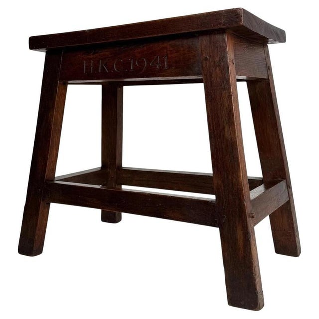 Vintage English Carved Joined Oak Stool, 1941 For Sale - Image 11 of 11