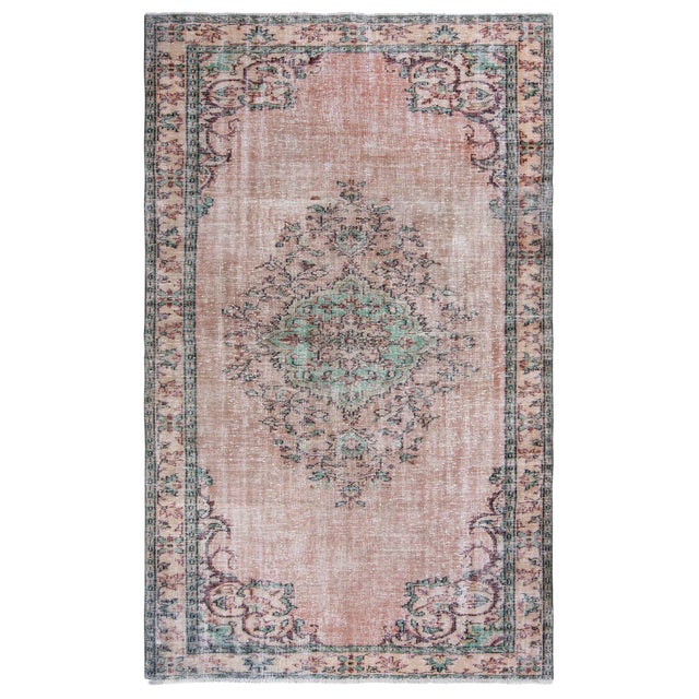 19560s Vintage Hand-Knotted Distressed Oushak Rug - 5′10″ × 9′7″ For Sale
