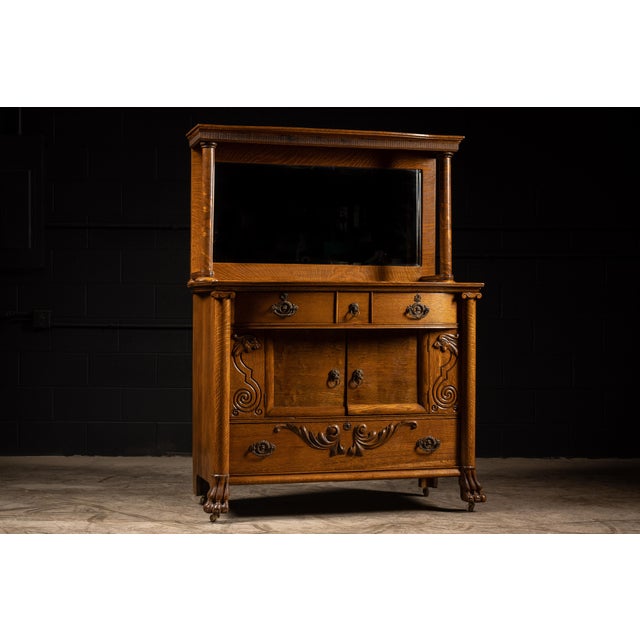 Traditional Antique Empire Revival Oak Clawfoot Sideboard With Mirror For Sale - Image 3 of 11
