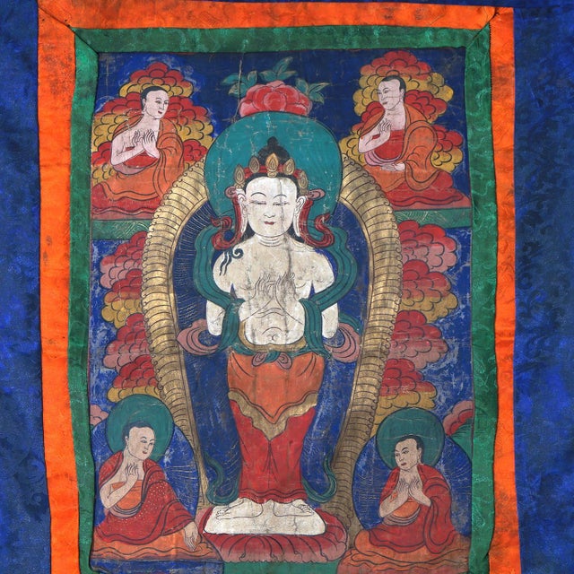 Antique Tibetan Hand Painted Silk and Canvas Thangka with Figures, Circa 1920 For Sale - Image 4 of 10