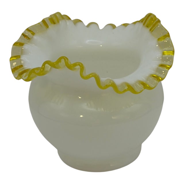 Mid 20th Century Vintage Fenton Milk-Glass Crimped Ruffled Amber Yellow Edge Rose-Bowl Vase For Sale - Image 5 of 5