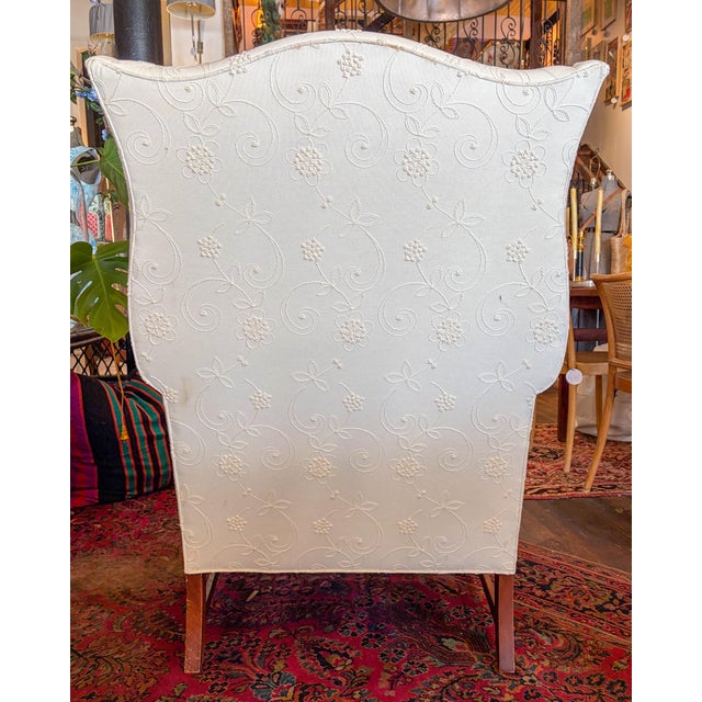 1980s Hickory Chair Co White Wingback Chair With Tone-on-Tone Embroidery and Matching Ottoman For Sale - Image 9 of 11