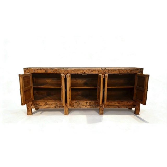 Aged Poplar 3 Door Cabinet For Sale - Image 4 of 10