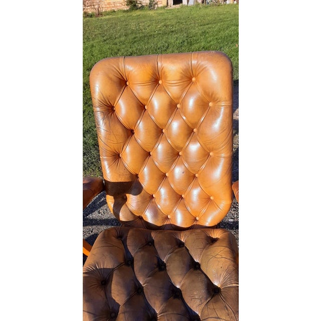 Chesterfield Leather Armchairs and Pouf, 1930, Set of 3 For Sale - Image 4 of 11