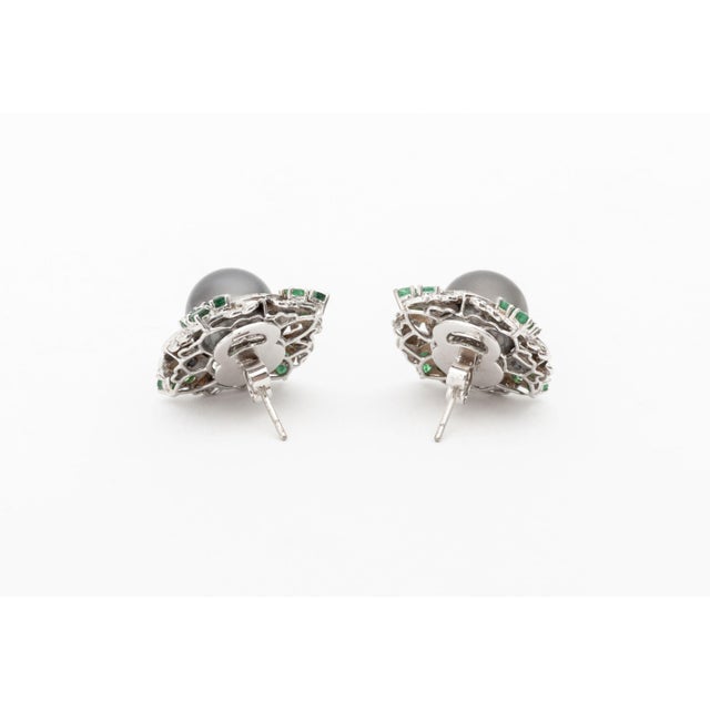 Art Deco Style 18k White Gold, Pearl, Multicolor Gemstones, and Diamond Earrings For Sale In New York - Image 6 of 10