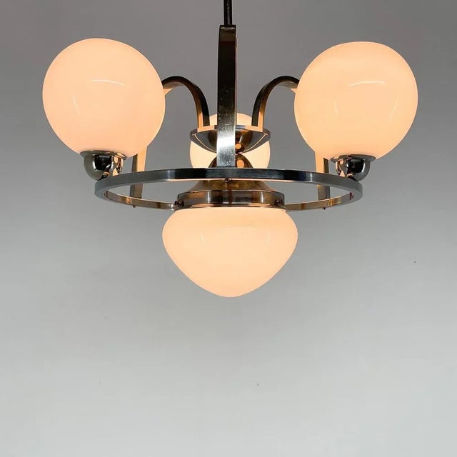 Art Deco Chrome & Milk Glass Chandelier, 1930s For Sale - Image 4 of 11