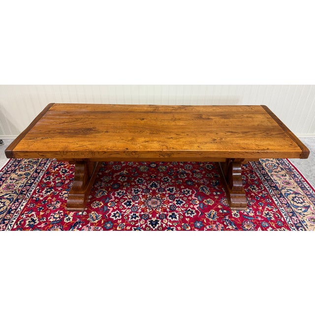 Antique French Country Farm Dining Table Farmhouse Trestle Base Honey Oak For Sale - Image 12 of 17