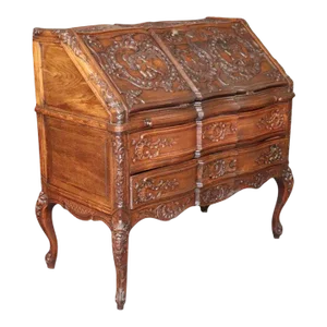 Exuberantly Carved Oak French Louis XV Secretary Desk Circa 1900