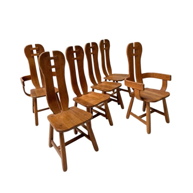 Set of six Brutalist Mid-Century Modern dining room chairs, 1 armchair and 4 side chairs. Design by Kunstmeubelen De...
