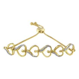 14K Yellow Gold Plated .925 Sterling Silver Diamond Accent Heart Link Bolo Bracelet For Sale