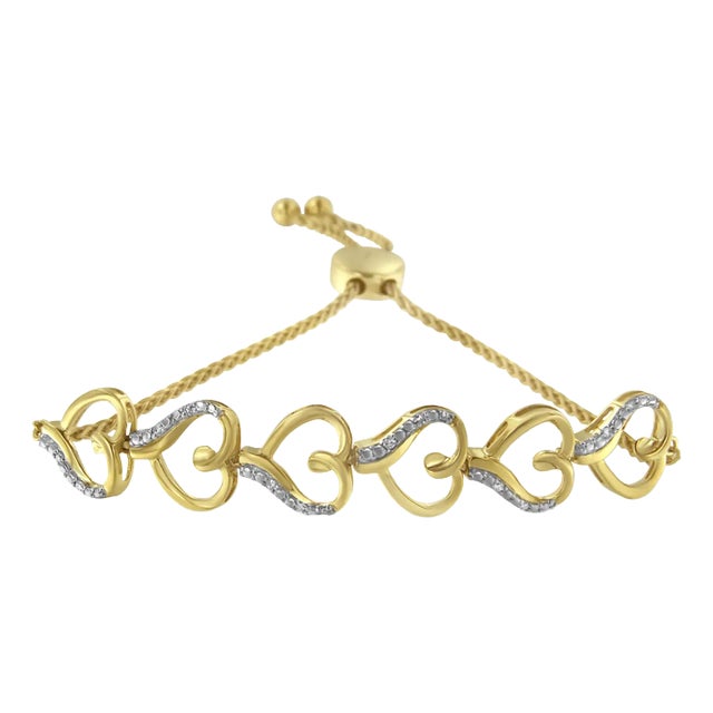 14K Yellow Gold Plated .925 Sterling Silver Diamond Accent Heart Link Bolo Bracelet For Sale
