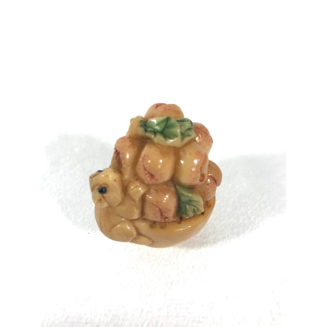 1980s 1980's Chinese Netsuke Little Mouse on Basket of Peaches With Petite Wood Stand For Sale - Image 5 of 7