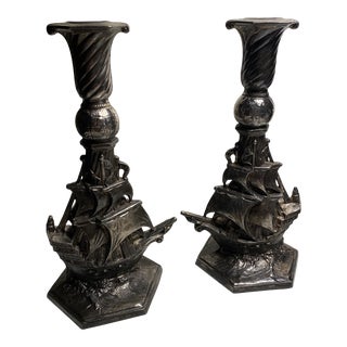 Late 20th Century Wedlich Bros. Mfg. Co. Silver Plate Maritime Candlesticks - a Pair For Sale