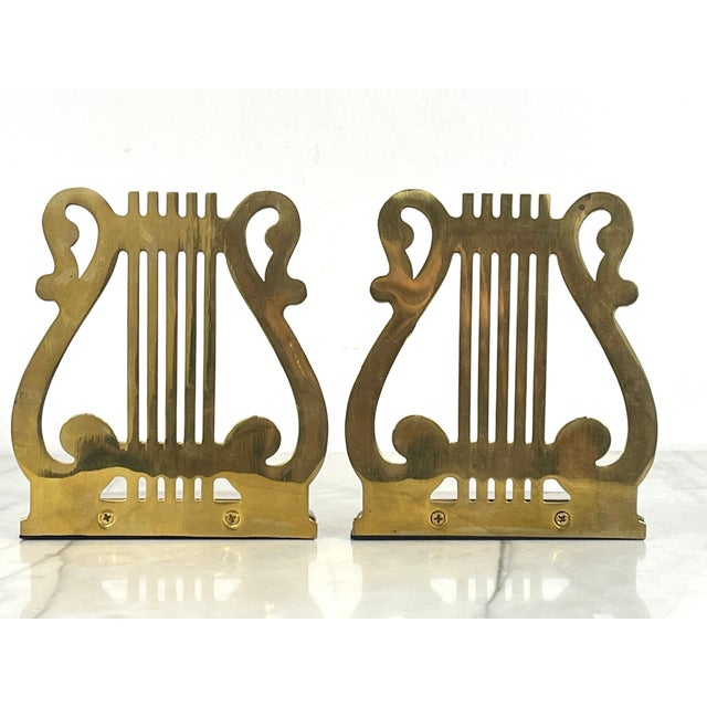 Pair of Vintage Brass Musical Harp Bookends For Sale - Image 4 of 7