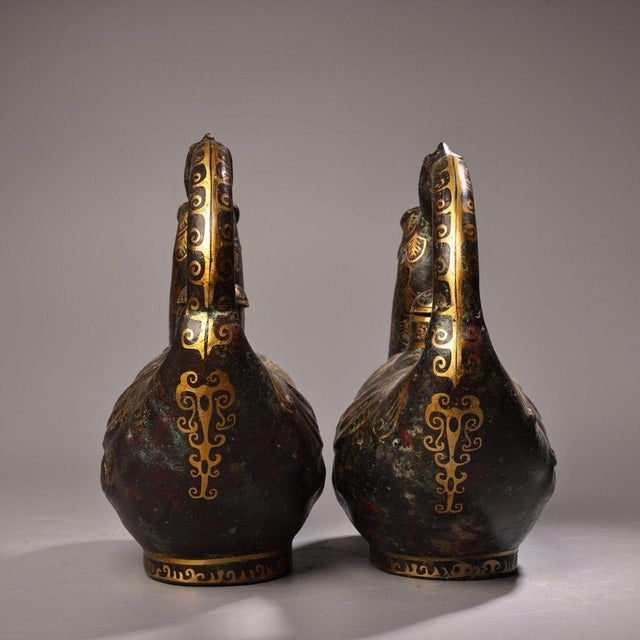 Early 20th Century Pair of Antique Gold-Inlaid Bronze Phoenix Vessels – 8.3" Archaic Style Ewers For Sale - Image 5 of 10